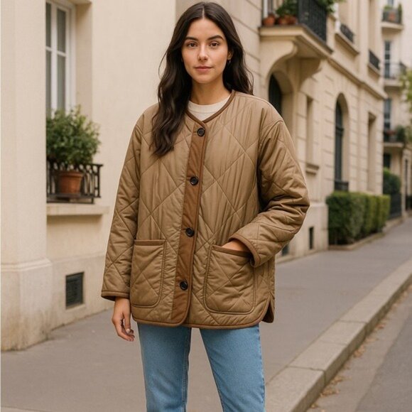 The Brass Monkey Tan Oversize Quilted Jacket Coat Size Medium Boho Military - Picture 11 of 12